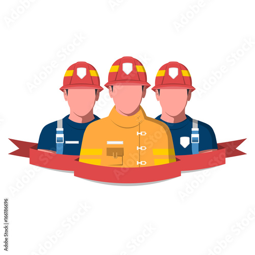 Flat vector illustration of a fire brigade. Firemen characters isolated on white background. photo