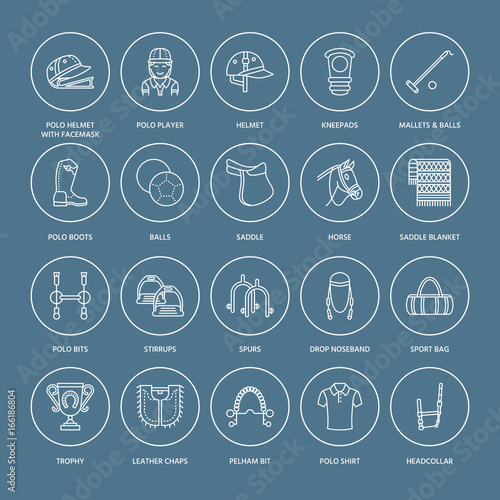 Horse polo flat line icons. Vector illustration of horses sport game, equestrian equipment - saddle, leather boots, harness, spurs. Linear signs set, championship pictograms for event, gear store.