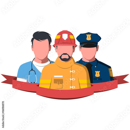 Silhouettes of rescue workers. People of emergency service - paramedic, firefighter and police man. Rescue team flat vector illustration.