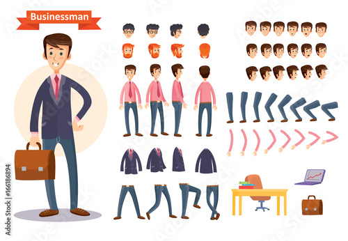 Set of vector cartoon illustrations for creating a character, businessman. Collection of faces, front, side and back view, emotions, hands and feet bent in different positions, clothes and accessories