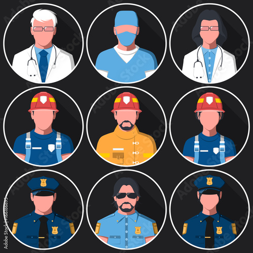 Set of flat round avatars of medical, fire and police services. Portraits of firemen, medical staff and police officers for user profile picture. Men and women. Vector illustration.