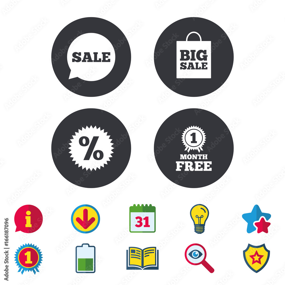 Sale speech bubble icon. Discount star symbol. Big sale shopping bag sign. First month free medal. Calendar, Information and Download signs. Stars, Award and Book icons. Light bulb, Shield and Search Sale speech bubble icon. Discount star symbol. Big sale shopping bag sign. First month free medal. Calendar, Information and Download signs. Stars, Award and Book icons. Light bulb, Shield and Search