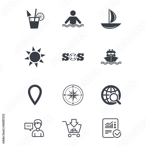 Cruise trip, ship and yacht icons. Travel, cocktail and sun signs. Sos, windrose compass and swimming symbols. Customer service, Shopping cart and Report line signs. Online shopping and Statistics