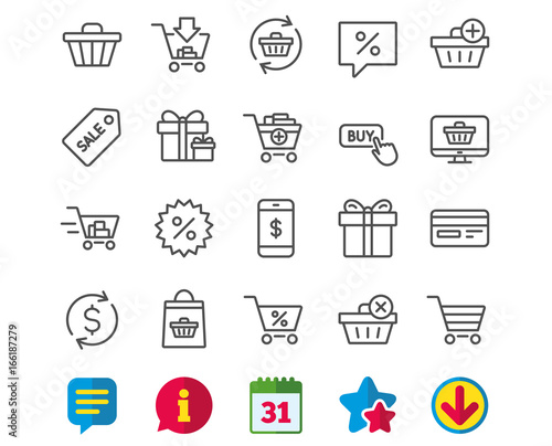 Shopping line icons. Gifts, Presents and Sale offer signs. Shopping cart, Tags and Delivery symbols. Speech bubble, Discount and Credit card. Online buying. Information, Calendar and Download signs