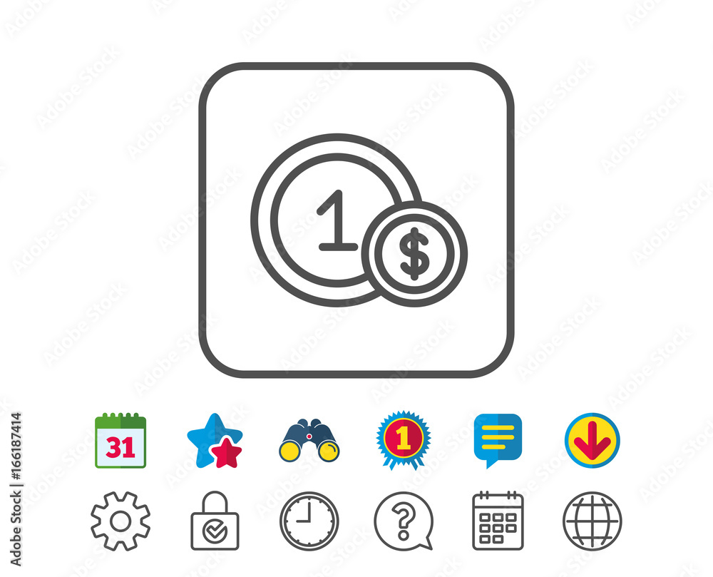 Coins line icon. Money sign. Dollar currency symbol. Cash payment method. Calendar, Globe and Chat line signs. Binoculars, Award and Download icons. Editable stroke. Vector Coins line icon. Money sign. Dollar currency symbol. Cash payment method. Calendar, Globe and Chat line signs. Binoculars, Award and Download icons. Editable stroke. Vector