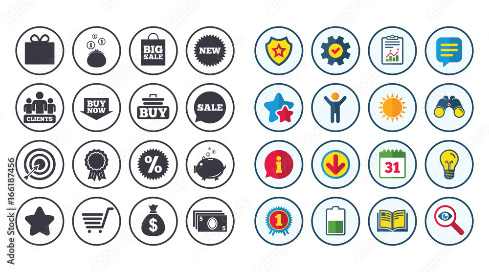 Set of Shopping, E-commerce and Business icons. Big sale, Gift box and Discounts signs. Clients, Sale and Shopping cart symbols. Calendar, Report and Book signs. Stars, Service and Download icons Set of Shopping, E-commerce and Business icons. Big sale, Gift box and Discounts signs. Clients, Sale and Shopping cart symbols. Calendar, Report and Book signs. Stars, Service and Download icons