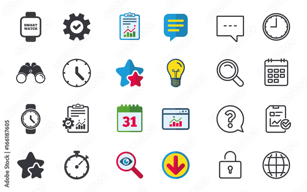 Smart watch icons. Mechanical clock time, Stopwatch timer symbols. Wrist digital watch sign. Chat, Report and Calendar signs. Stars, Statistics and Download icons. Question, Clock and Globe. Vector Smart watch icons. Mechanical clock time, Stopwatch timer symbols. Wrist digital watch sign. Chat, Report and Calendar signs. Stars, Statistics and Download icons. Question, Clock and Globe. Vector