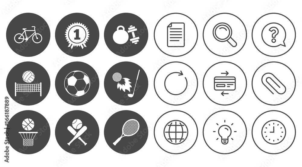 Sport games, fitness icons. Football, basketball and tennis signs. Golf, bike and winner medal symbols. Document, Globe and Clock line signs. Lamp, Magnifier and Paper clip icons. Vector Sport games, fitness icons. Football, basketball and tennis signs. Golf, bike and winner medal symbols. Document, Globe and Clock line signs. Lamp, Magnifier and Paper clip icons. Vector