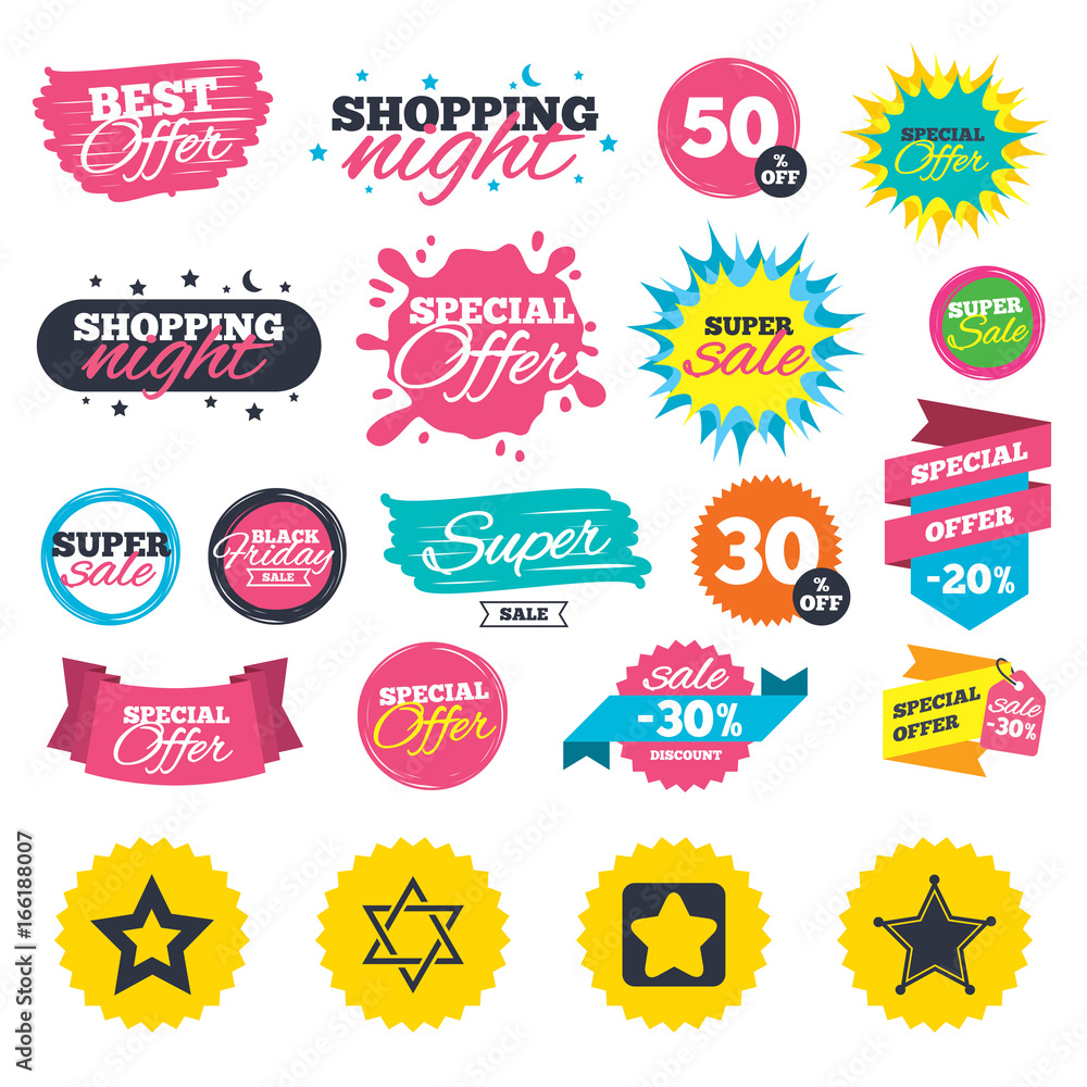 Sale shopping banners. Star of David icons. Sheriff police sign. Symbol of Israel. Web badges, splash and stickers. Best offer. Vector