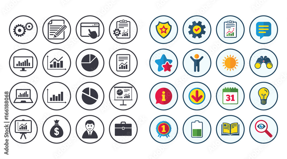 Set of Statistics, Accounting and Report icons. Charts, Presentation and Pie-chart signs. Analysis, Money bag and Business case symbols. Calendar, Report and Book signs. Vector Set of Statistics, Accounting and Report icons. Charts, Presentation and Pie-chart signs. Analysis, Money bag and Business case symbols. Calendar, Report and Book signs. Vector