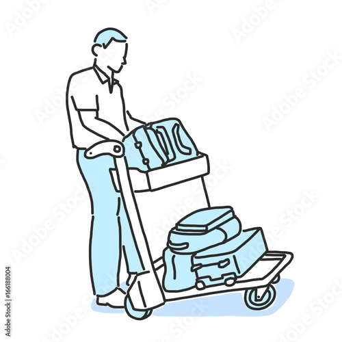 Tourists Moving Through Airport With Luggage. hand drawn. line drawing. vector illustration. Cartoon.