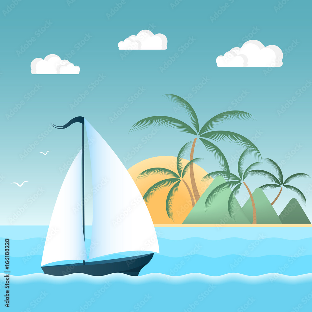 Sail boat on the waves. Tropical island with palm trees and mountains. The sun, the clouds, the seagulls. Summer holiday concept.