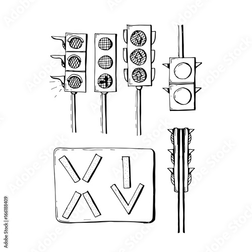 Black and white traffic lights icons collection. Vector sketch illustration.