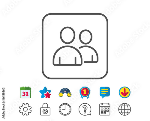 User line icon. Couple or Group sign. Person silhouette symbol. Calendar, Globe and Chat line signs. Binoculars, Award and Download icons. Editable stroke. Vector