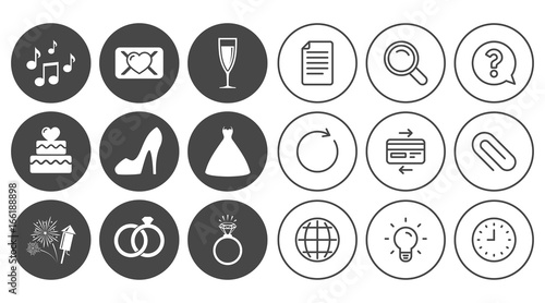 Wedding, engagement icons. Cake with heart, gift box and vow love letter signs. Dress, fireworks and musical notes symbols. Document, Globe and Clock line signs. Lamp, Magnifier and Paper clip icons