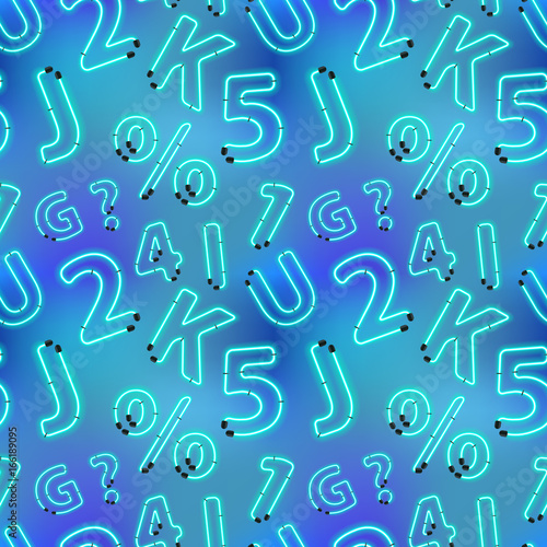 Bright realistic neon letters on blue abstract seamless pattern