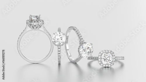 3D illustration isolated four white gold or silver rings with diamonds different view