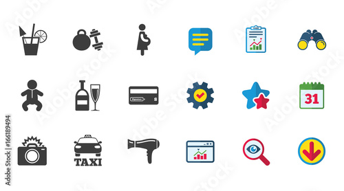 Hotel, apartment service icons. Fitness gym. Alcohol cocktail, taxi and hairdryer symbols. Calendar, Report and Download signs. Stars, Service and Search icons. Statistics, Binoculars and Chat. Vector