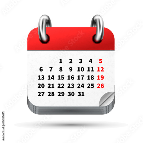 Bright realistic icon of month calendar with dates on white