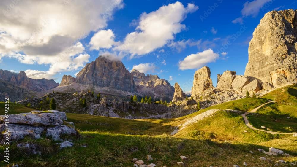 4K Time lapse of Cinque Torri mountain peak at sunset, Dolomites Alps, Italy 4K Time lapse of Cinque Torri mountain peak at sunset, Dolomites Alps, Italy