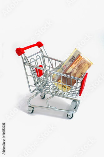 Metal basket with a Bulgarian currency banknote, 50 leva inside. consumption. Shop store trolley with BGN, close up. Depicts a portraiture of Pencho Slaveykov, famous Bulgarian poet. photo