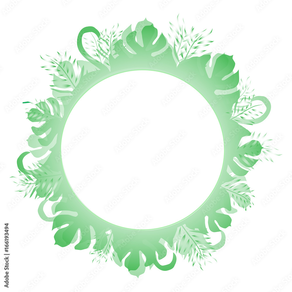 Round frame with tropical floral elements. Greeting card with place for text, gold menu and invitation border. Vector illustration.