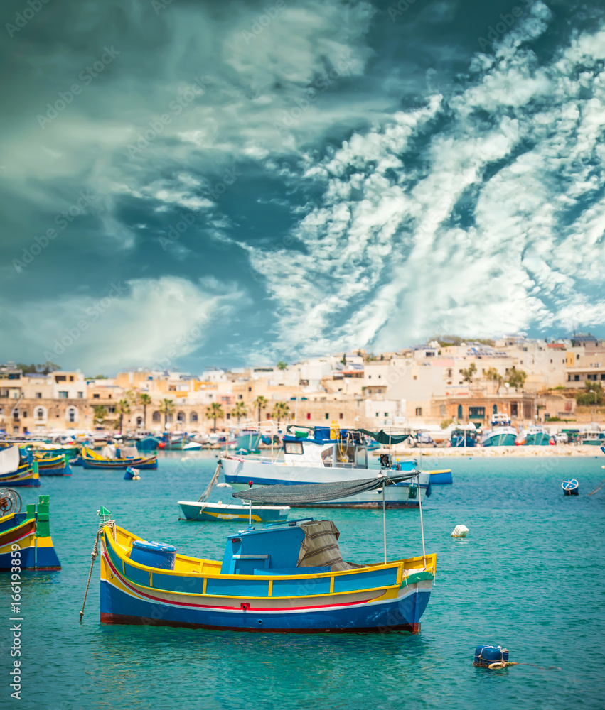 fishing boats near fishing village of Marsaxlokk (Marsascala) in Malta