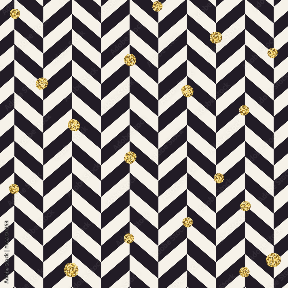 Chevron black pattern and golden chaotic dots. Seamless pattern design background. Chevron black pattern and golden chaotic dots. Seamless pattern design background.