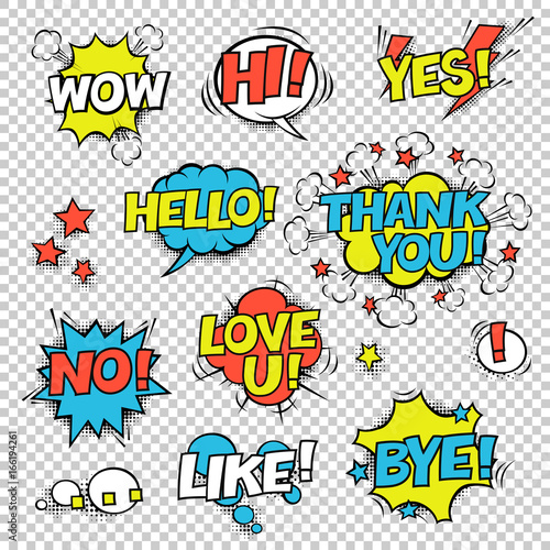 HI, YES, THANK YOU, HELLO, WOW, LOVE U, NO, ..., LIKE, BYE, !. Comic speech bubbles set. Halftones, stars and other elements in separated layers. Colorful design on transparent background.