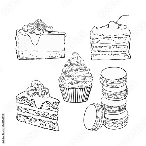 black and white Dessert collection - cupcake, chocolate and vanilla cake, cheesecake, macaroons, sketch vector illustration isolated on background. Hand drawn sweet desserts