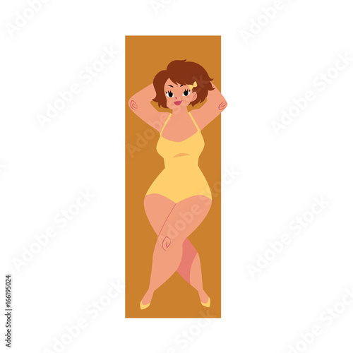 Pretty plump, plus size Caucasian curvy woman, girl in swimming suit, top view cartoon vector illustration isolated on white background. Top view portrait of pretty plump woman in swimming suit