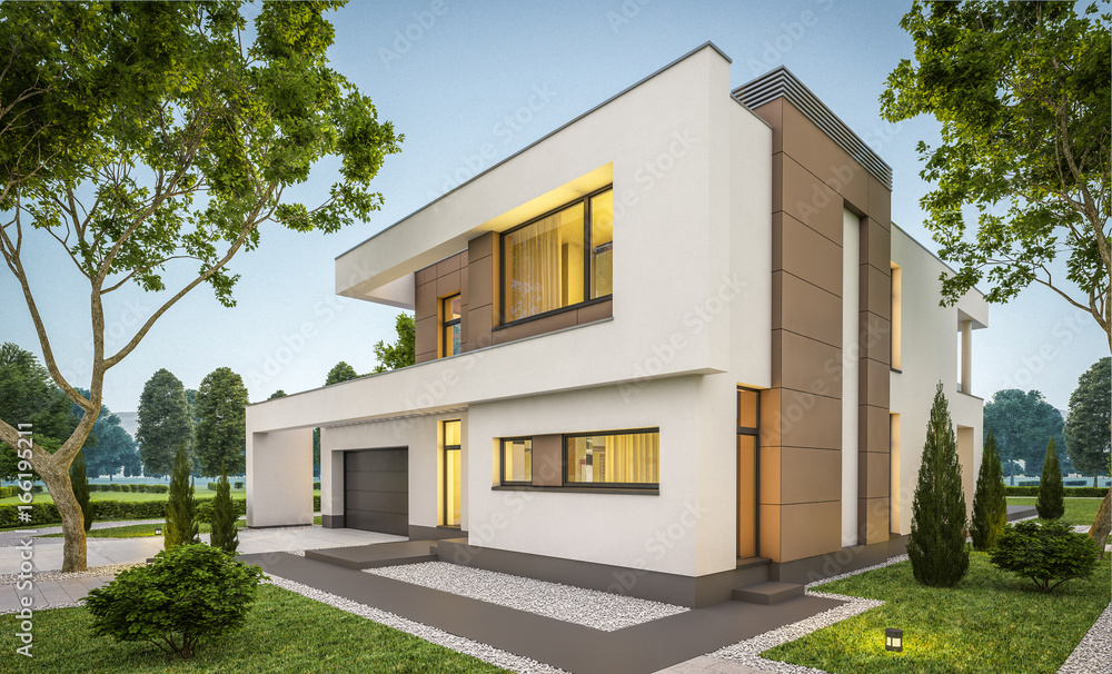 3d rendering of modern house at evening