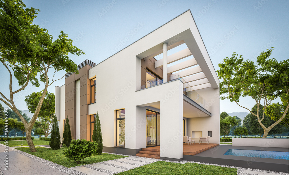 3d rendering of modern house at evening 3d rendering of modern house at evening