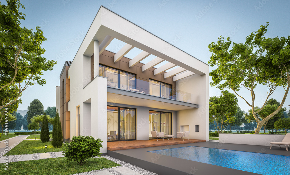 3d rendering of modern house at evening 3d rendering of modern house at evening