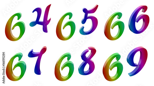 Sixty four, Sixty five, Sixty six, Sixty seven, Sixty eight, Sixty nine, 64, 65, 66, 67, 68, 69 Calligraphic 3D Rendered Digits, Numbers Colored With RGB Rainbow Gradient, Isolated On White Background photo