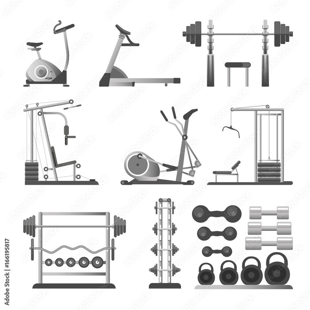 Gym or fitness sport equipment and accessories vector flat icons Stock ...
