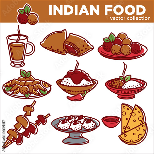 Indian cuisine traditional food dishes vector flat icons set