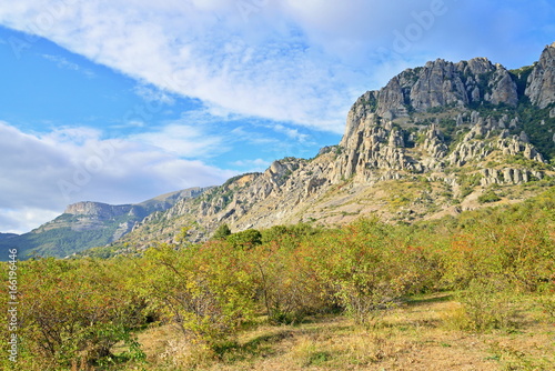 Sunny mountain landscape in the valley of ghosts in the vicinity of Alushta