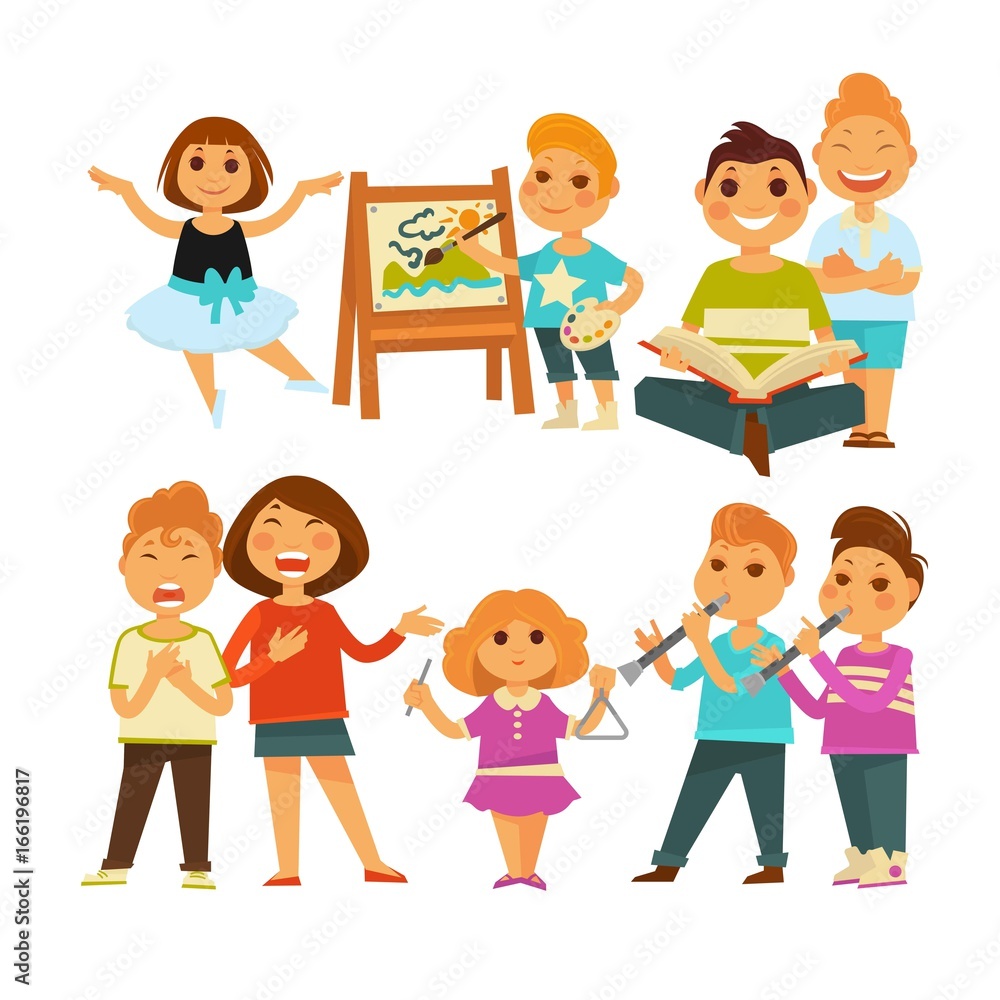 Children kindergarten or school playing activity vector flat icons set Children kindergarten or school playing activity vector flat icons set
