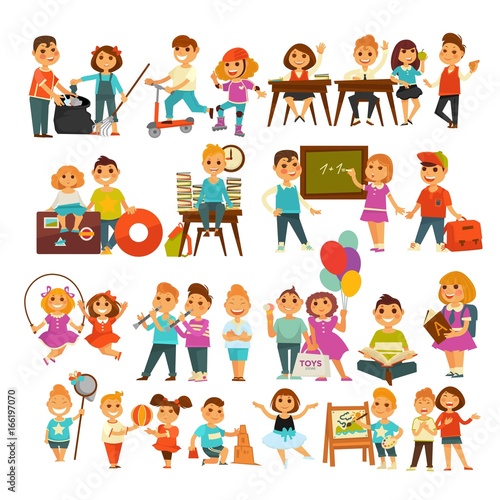 Children in school or kindergarten outdoor activity vector flat icons set
