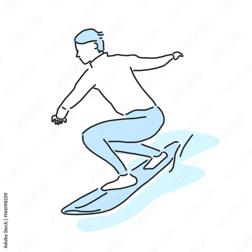 summer sports. surfing in variety poses. hand drawn. line drawing. vector illustration.