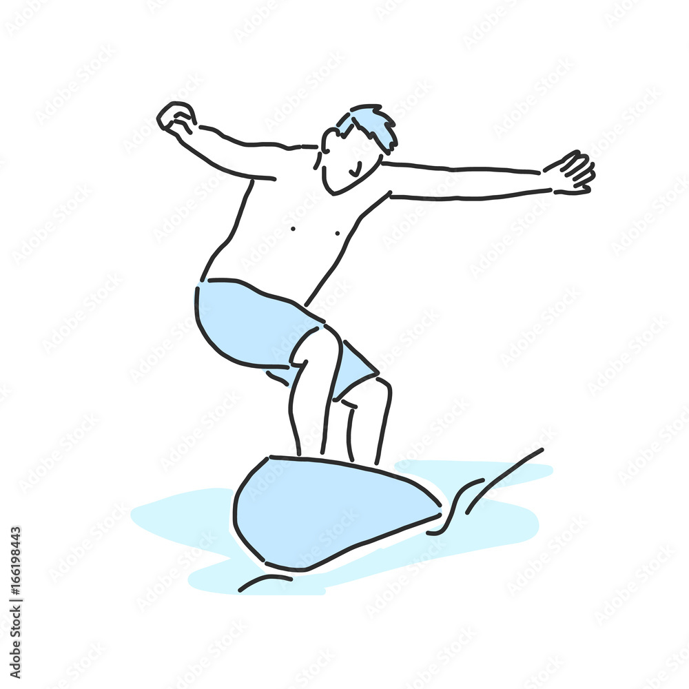 summer sports. surfing in variety poses. hand drawn. line drawing. vector illustration.
