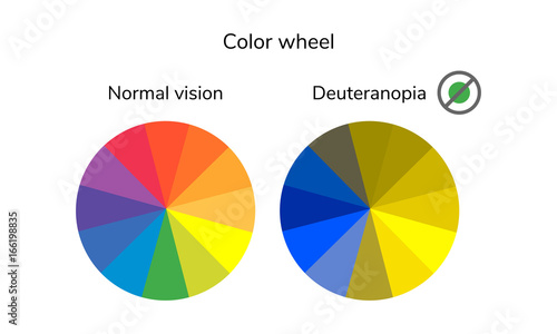 vector illustration, infographics, color wheel, palette, normal vision, deuteranopia, daltonism, color blindness