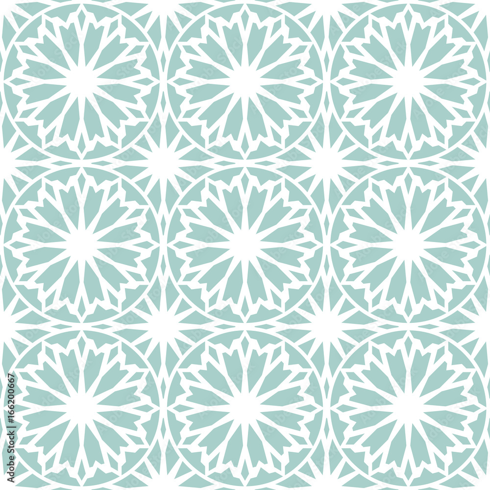 Vector seamless pattern. Stylish textile print with lacy design. Mint ethnic fabric background.