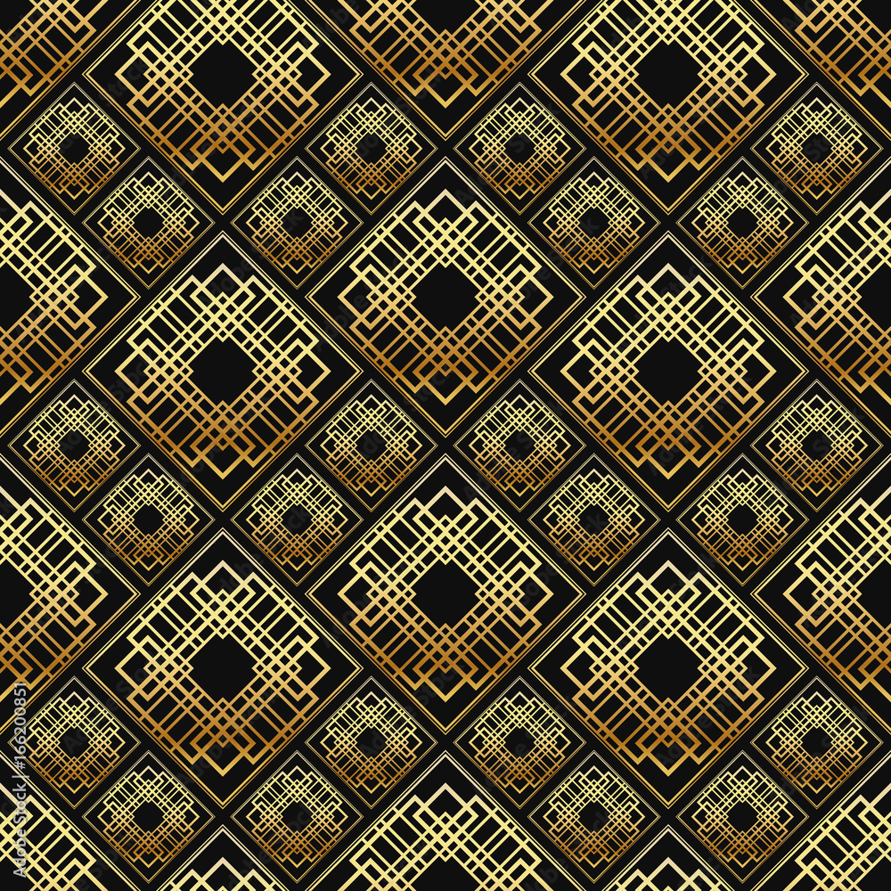 Seamless pattern in Art Deco style. Black and golden tilework. Geometric tiles. Luxury background. Seamless pattern in Art Deco style. Black and golden tilework. Geometric tiles. Luxury background.