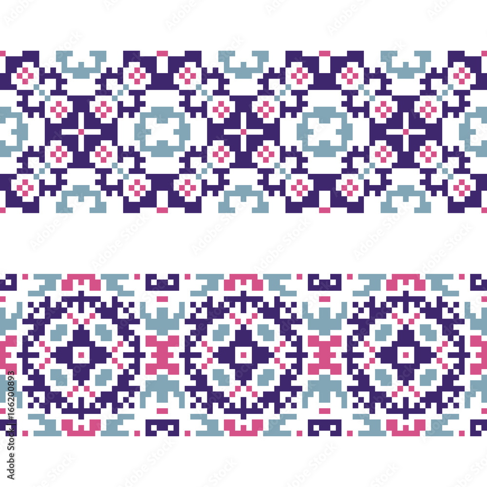 Fototapeta premium Set of 2 seamless borders in american indian style. Embroidery dotted schemes. Pixel navajo backgrounds. Textile geo prints.