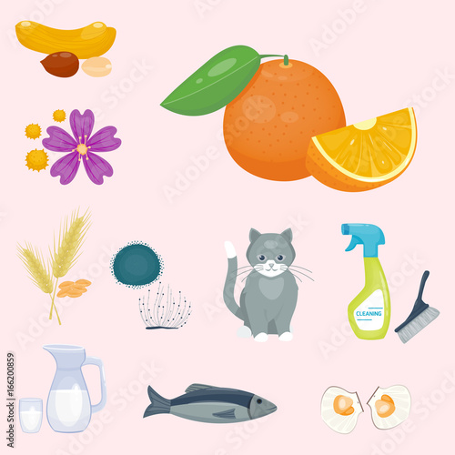 Allergy symbols disease healthcare food viruses health flat illness allergen symptoms disease information vector illustration.