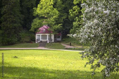 Stone gazebo in spring park in Sigulda