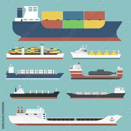 Cargo vessels and tankers shipping delivery bulk carrier train freight boat tankers isolated on background vector illustration