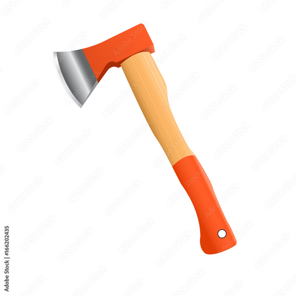 Wooden axe isolated on white background. Realistic vector illustration of metal ax with handle made of wood Wooden axe isolated on white background. Realistic vector illustration of metal ax with handle made of wood